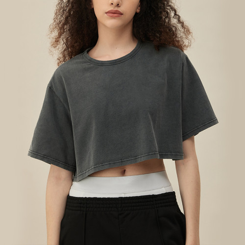 Maßgeschneidertes, gewaschenes Crop-Top für Damen aus 100 % Baumwolle mit Print-Crop-T-Shirts