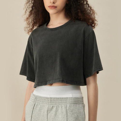 Customized Washed Crop Top Women 100% Cotton Print Crop T-shirts
