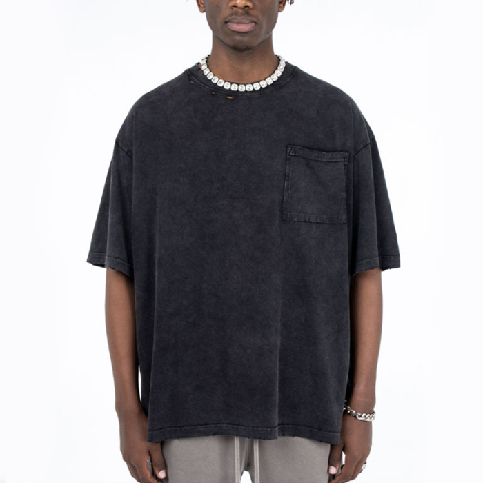 Factory Washed Men Durst | Schwergewichtige dunkle Streetwear-Mode für Herren | Leere übergroße Distressed-Taschen-T-Shirts