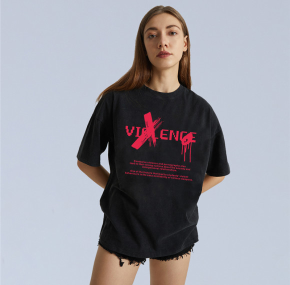 New Vintage Washed Short Sleeve T-Shirt - Neutral Silk Screen Printed Pattern Oversized Streetwear