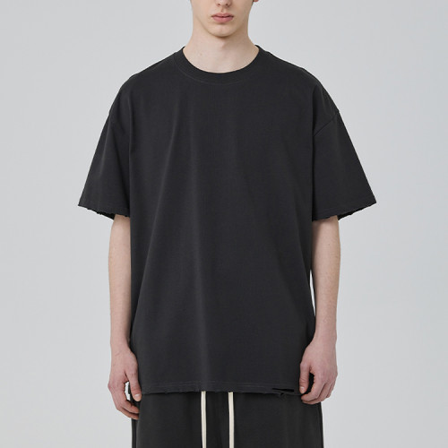 Wholesale 100% Cotton Men's  Dark Short Sleeve T-shirts | Heavy Weight Cut Ripped Hem Streetwear