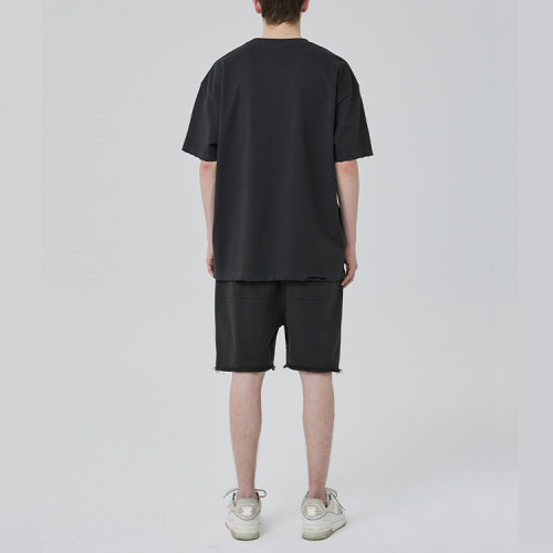 Wholesale 100% Cotton Men's  Dark Short Sleeve T-shirts | Heavy Weight Cut Ripped Hem Streetwear