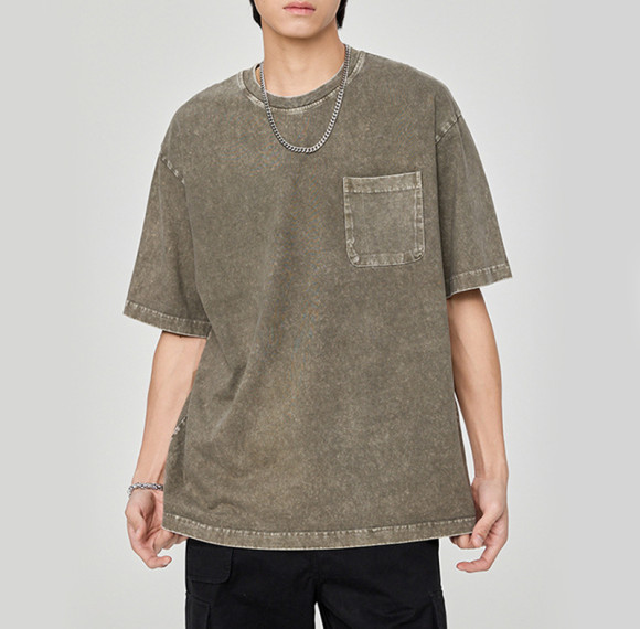 Custom Acid Wash 100%  Blank Cotton Dark Men Vintage T-shirts | Retro Pocket Short Sleeve T-Shirts