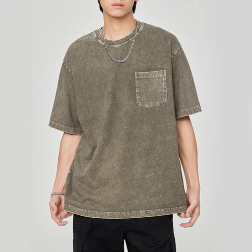 Custom Acid Wash 100%  Blank Cotton Dark Men Vintage T-shirts | Retro Pocket Short Sleeve T-Shirts