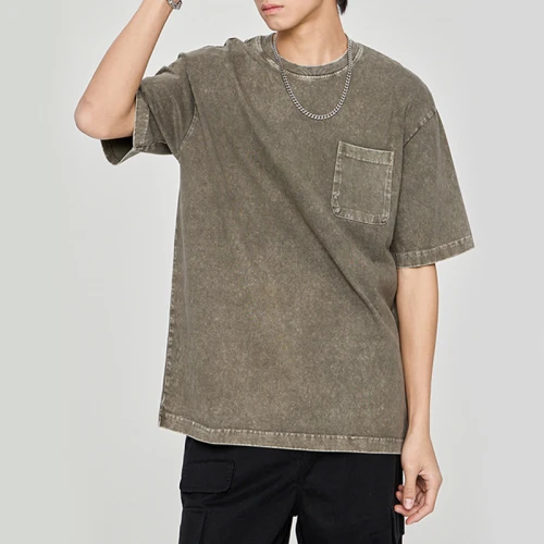 Custom Acid Wash 100%  Blank Cotton Dark Men Vintage T-shirts | Retro Pocket Short Sleeve T-Shirts