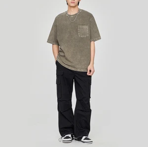 Custom Acid Wash 100%  Blank Cotton Dark Men Vintage T-shirts | Retro Pocket Short Sleeve T-Shirts