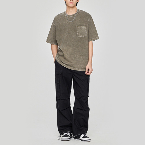 Custom Acid Wash 100%  Blank Cotton Dark Men Vintage T-shirts | Retro Pocket Short Sleeve T-Shirts