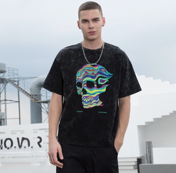 Supplier Custom Skeleton Tshirts Heat Transfer 100% Cotton Acid Wash Oversized Style For Men