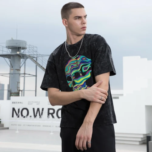 Supplier Custom Skeleton Tshirts Heat Transfer 100% Cotton Acid Wash Oversized Style For Men