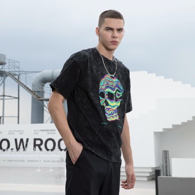 Supplier Custom Skeleton Tshirts Heat Transfer 100% Cotton Acid Wash Oversized Style For Men
