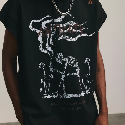 Custom Skeleton Print Sleeveless T-Shirt - 230GSM Cotton Tie-Dye Oversized Streetwear T-Shirt