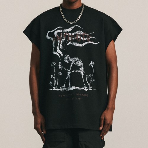 Custom Skeleton Print Sleeveless T-Shirt - 230GSM Cotton Tie-Dye Oversized Streetwear T-Shirt