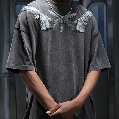Wholesale Acid Wash T-shirts Heat Transfer Pattern 100% Cotton Oversize Heavy Weight Graphic 300g