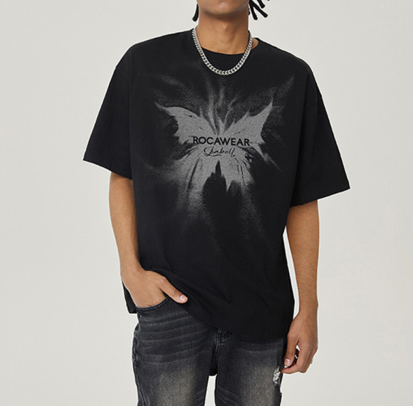 Customized Dark Oversized Streetwear - White Ink Direct Print Butterfly Print Short Sleeve T-Shirt