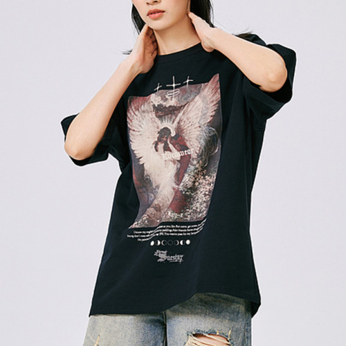 Manufacture Customized Dark Streetwear T-Shirt - White Ink Direct Angel Printed Short Sleeve T Shirt