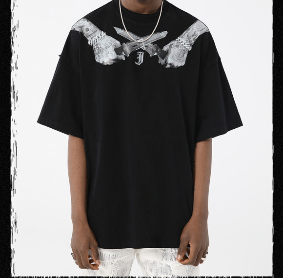 Custom Acid Wash T shirts Men | Streetwear Cotton T Shirts | Sword Pattern Print Mens Oversized Dark T Shirt
