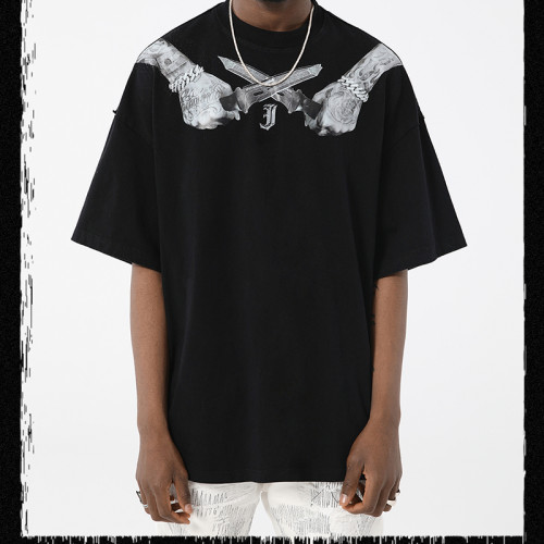 Custom Acid Wash T shirts Men | Streetwear Cotton T Shirts | Sword Pattern Print Mens Oversized Dark T Shirt