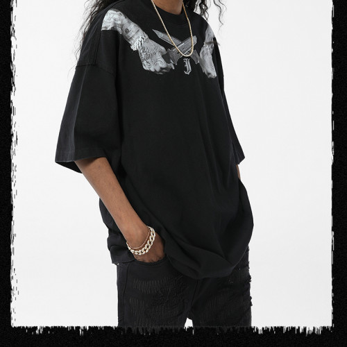 Custom Acid Wash T shirts Men | Streetwear Cotton T Shirts | Sword Pattern Print Mens Oversized Dark T Shirt