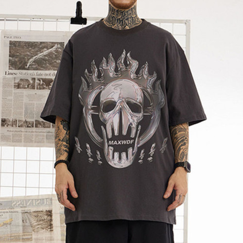 Customized Skull Themed T Shirt, Heat Transfer Graphic Printed Oversized Dark Streetwear T Shirt Men