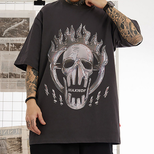 Customized Skull Themed T Shirt, Heat Transfer Graphic Printed Oversized Dark Streetwear T Shirt Men