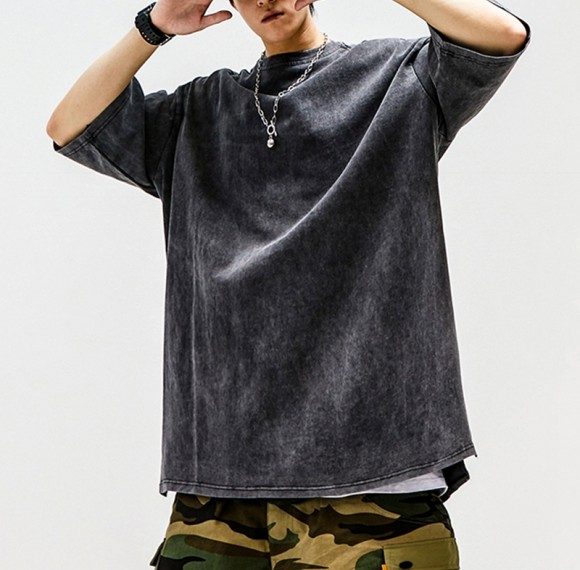 Custom Blank Acid Wash T Shirts | Black Short-sleeved Retro Oversized 100% Cotton T-shirt