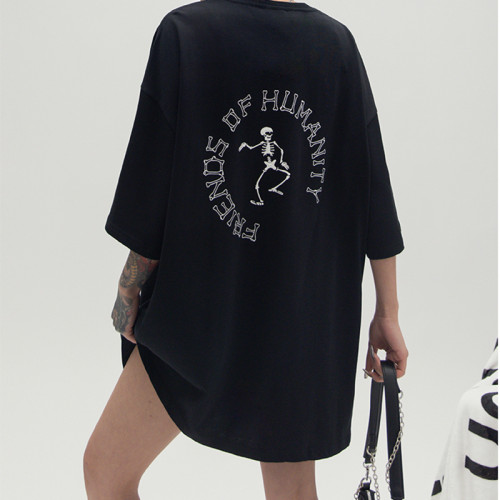 Custom Design Streetwear T Shirt, Skull Letter Print Oversized Short Sleeve T Shirt Women