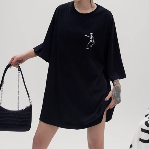 Custom Design Streetwear T Shirt, Skull Letter Print Oversized Short Sleeve T Shirt Women