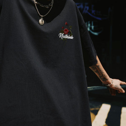 Customized Design Streetwear T Shirt, Rose Pattern White Ink Direct Print Oversized Woman T Shirt
