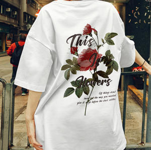 Customized Design Streetwear T Shirt, Rose Pattern White Ink Direct Print Oversized Woman T Shirt