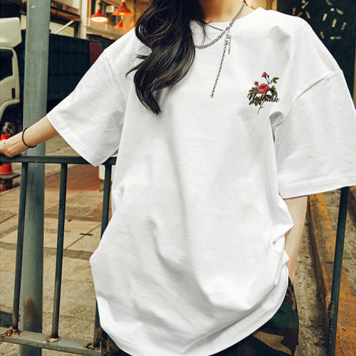 Customized Design Streetwear T Shirt, Rose Pattern White Ink Direct Print Oversized Woman T Shirt