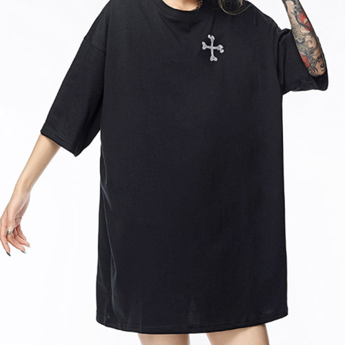 Customized Design Streetwear T Shirt,Skull and Cross Pattern Screen Print Oversized T Shirt Women