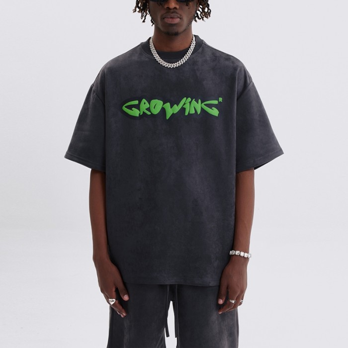 Customized Suede Fabric Short Sleeved T-shirts | High Street Oversize Blank Puff Print Streetwear