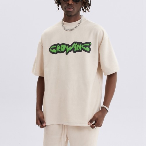 Customized Suede Fabric Short Sleeved T-shirts | High Street Oversize Blank Puff Print Streetwear