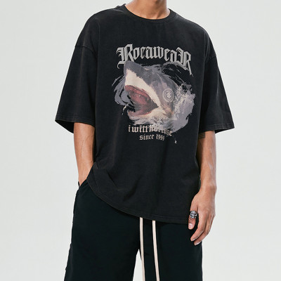 Customized Production Votton Hraphic TShirt, White Ink Direct Print Washed Streetwear T Shirts Men