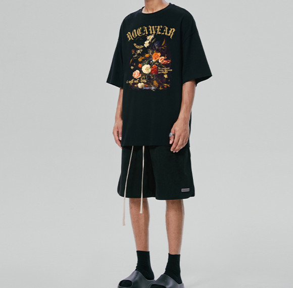 Customized Rose Themed Dark T-Shirt with White Ink Direct Print Cotton Streetwear T Shirt Men