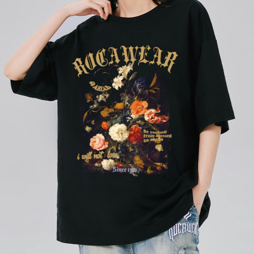 Customized Rose Themed Dark T-Shirt with White Ink Direct Print Cotton Streetwear T Shirt Men