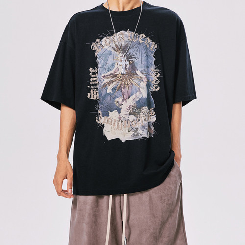 Customized Pattern T-Shirt | White Ink Direct Printed Cotton Dark Men's Streetwear T Shirt