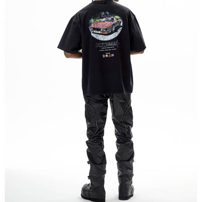 Customized Washed Retro Aged Heavyweight Cotton Vintage Car Printed Men's Streetwear T Shirt