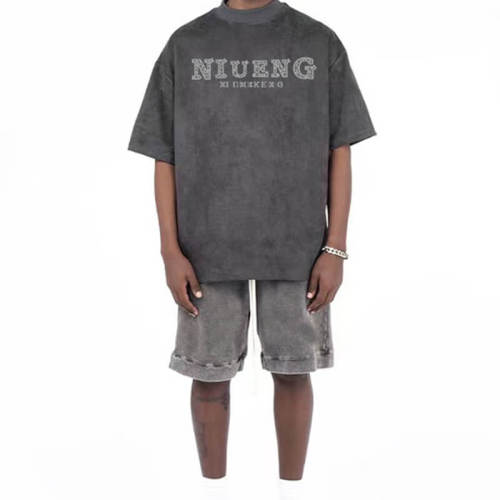 Production Customized 300GSM Heavyweight Suede Round Neck Short Sleeve Streetwear T Shirt Men