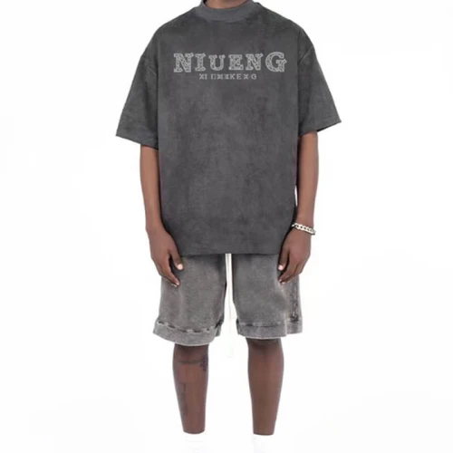 Production Customized 300GSM Heavyweight Suede Round Neck Short Sleeve Streetwear T Shirt Men