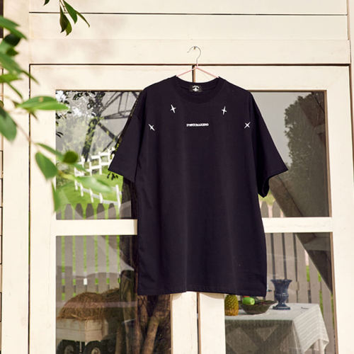 Customized Tianji Star Logo Embroidered Cotton Black Crew Neck Streetwear T Shirt Men