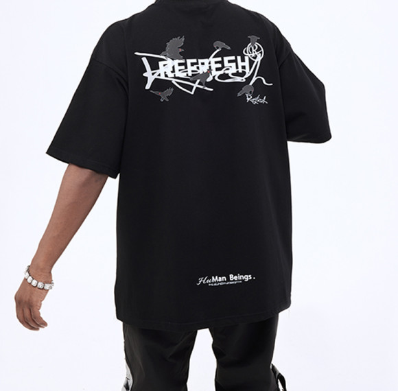 Customized Monogrammed Forest Crow Screen Printed Crew Neck Cotton Vintage Streetwear T Shirt Men