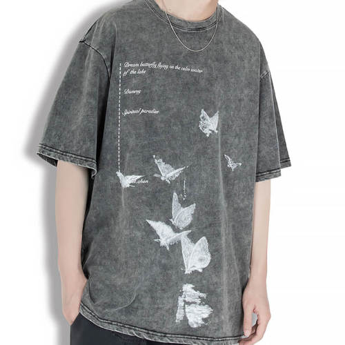 Customized Ink Wind Butterfly Printed T-Shirt, Washed Vintage Oversized Streetwear T Shirt Men