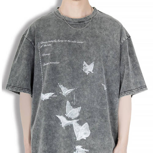 Customized Ink Wind Butterfly Printed T-Shirt, Washed Vintage Oversized Streetwear T Shirt Men