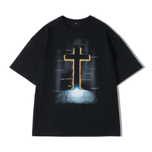 Factory Customized Cross Theme Printed T-Shirt, Oversized Loose Fit Cotton Streetwear T Shirt Men