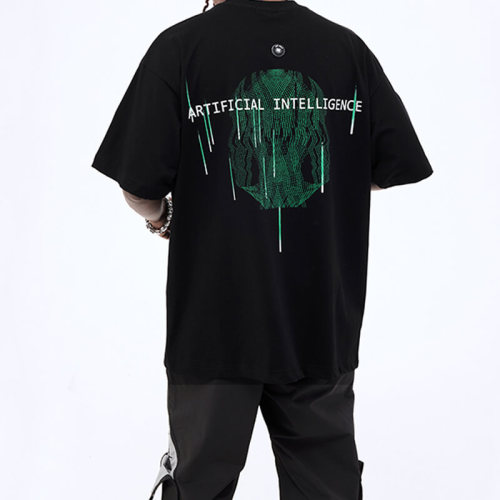 Custom Futuristic Streetwear, Source Code Portrait Print Heavyweight Oversized Short Sleeve T Shirts