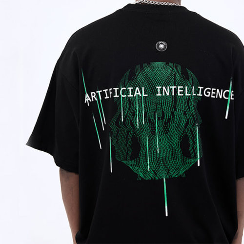 Custom Futuristic Streetwear, Source Code Portrait Print Heavyweight Oversized Short Sleeve T Shirts