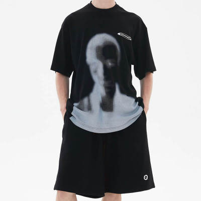 Oversized Streetwear with Fuzzy Portrait Print - Customized Dark Style Short Sleeve T Shirts