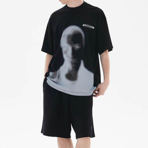 Oversized Streetwear with Fuzzy Portrait Print - Customized Dark Style Short Sleeve T Shirts