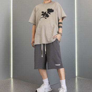 Custom Streetwear with Black Rose Print - Heavyweight Oversized Cotton Short Sleeve T Shirts Men